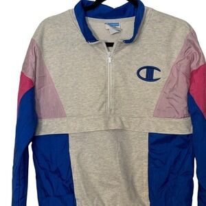 Champion Colorblock Quarter Zip Pullover Fleece Nylon Grey Blue JL5742 Medium